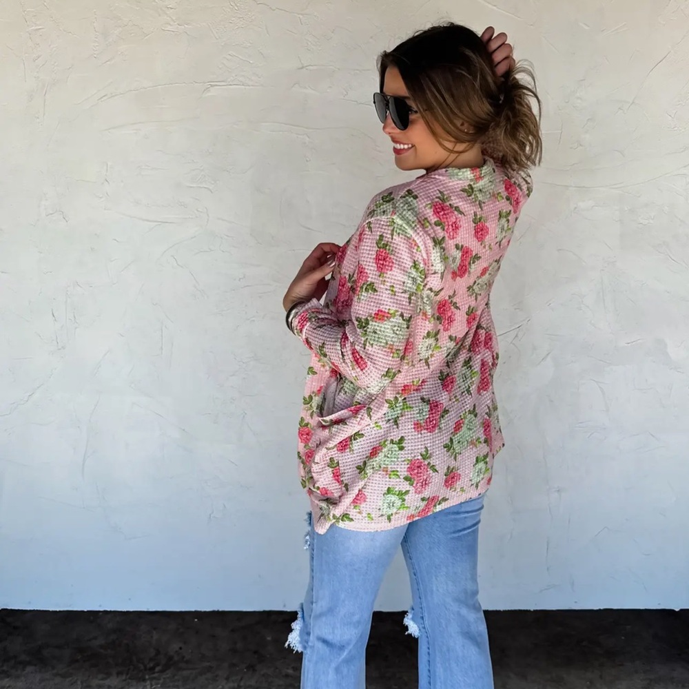 Blakely Floral Pink and Green waffle Cardigan